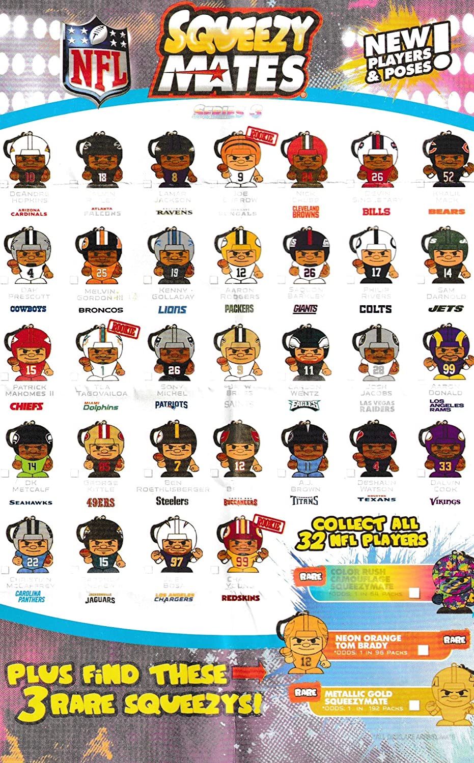 Party Animal - 4 Pack Bundle - Squeezymates Color Rush Series 3 Mystery Blind Pack Bag NFL Football Figure Slofoam Keychain