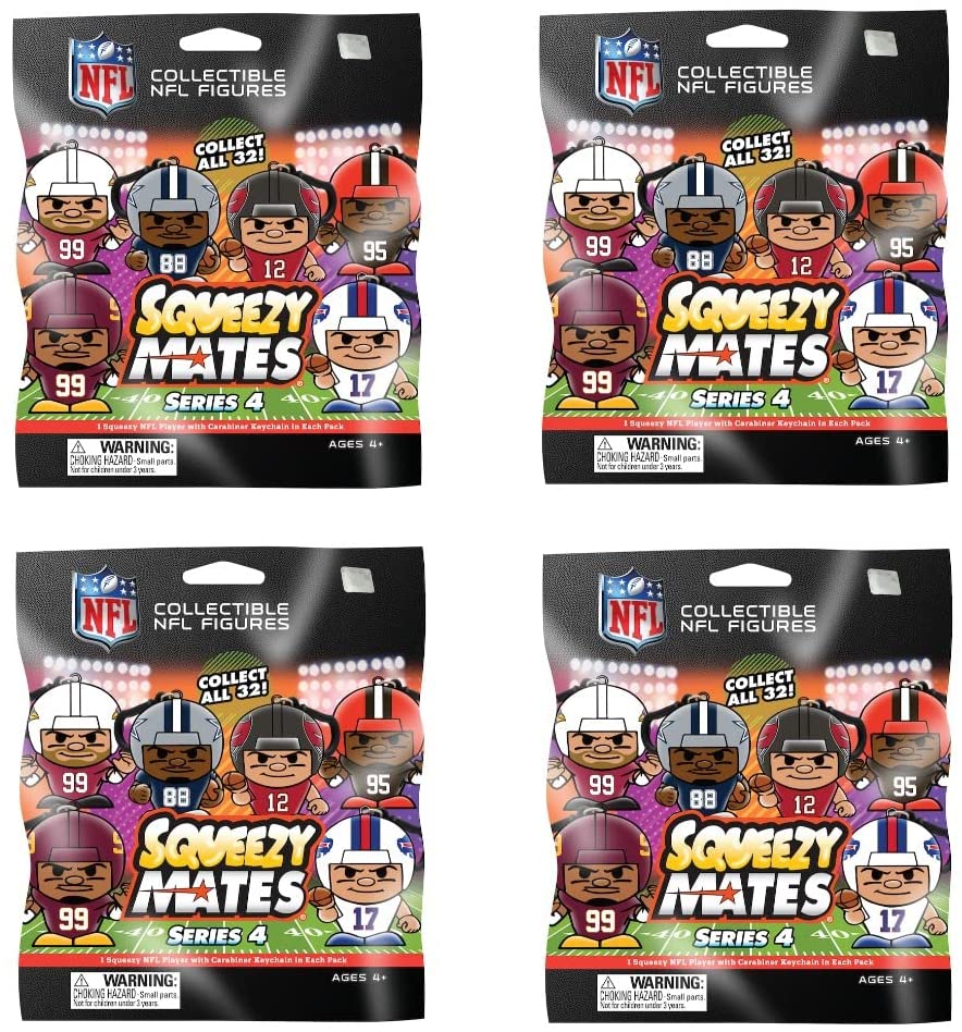 Party Animal - 4 Pack Bundle - Squeezymates 2021-22 Series 4 Mystery Blind Pack Bag NFL Football Figure Slofoam Keychain
