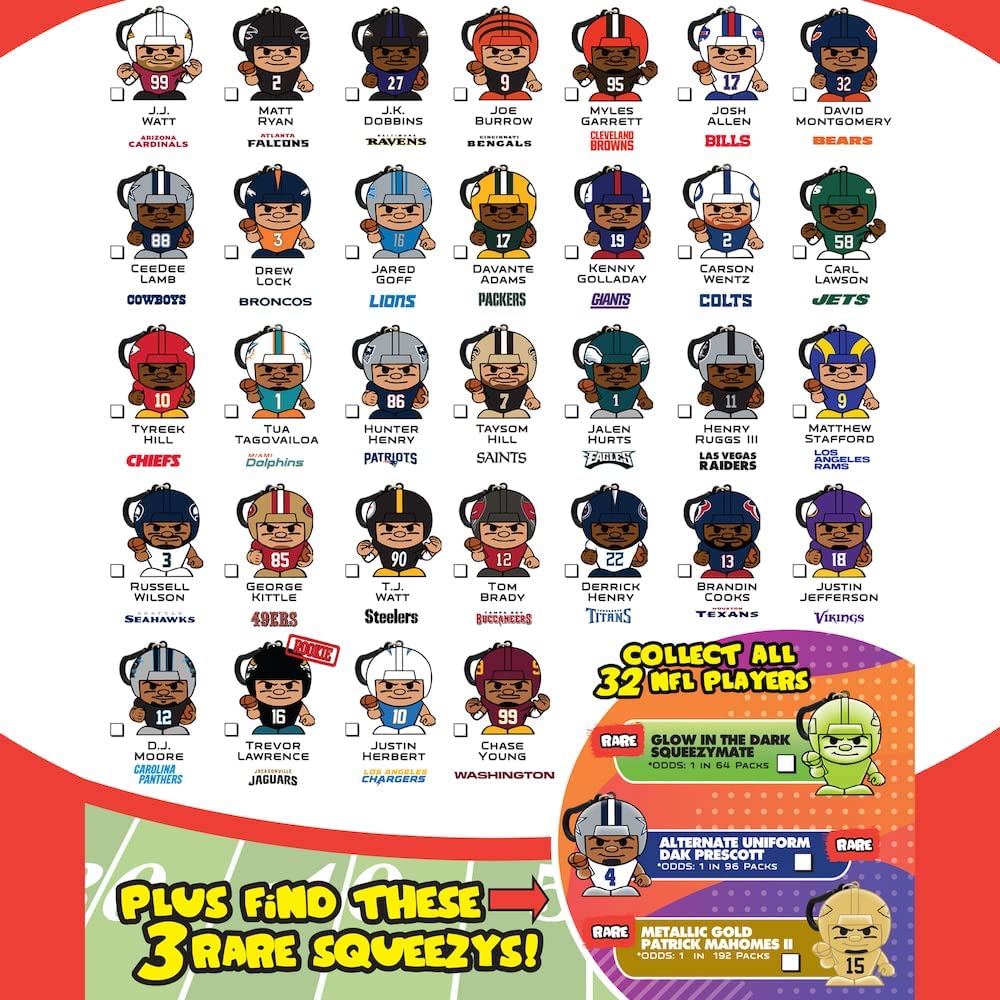Party Animal - 4 Pack Bundle - Squeezymates 2021-22 Series 4 Mystery Blind Pack Bag NFL Football Figure Slofoam Keychain