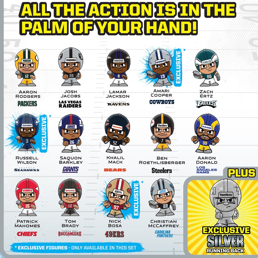 Party Animal TeenyMates 2020 NFL Series 9 Silver Series Collector Set Gift Box 14 Mini Football Figures Plus Rare Exclusive Silver Running Back Figure