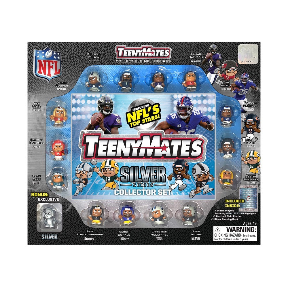 Party Animal TeenyMates 2020 NFL Series 9 Silver Series Collector Set Gift Box 14 Mini Football Figures Plus Rare Exclusive Silver Running Back Figure