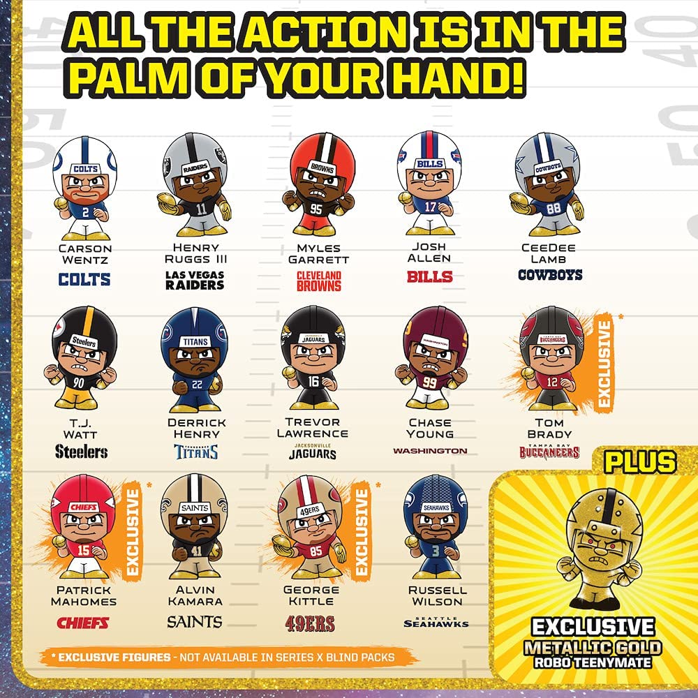 Party Animal Teenymates 2021 NFL Series X (10) - NFL Player Mini Figures Collector Box Set 14 Players Plus Rare Exclusive Metallic Gold Robo Minifigure